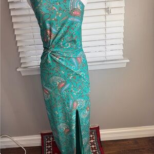 Hale Bob One Shoulder Teal Paisley Dress